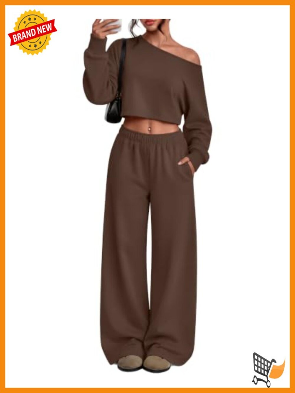 2 Piece Off Shoulder Sweatsuit Lounge Set Wide Leg Pants Crop Top